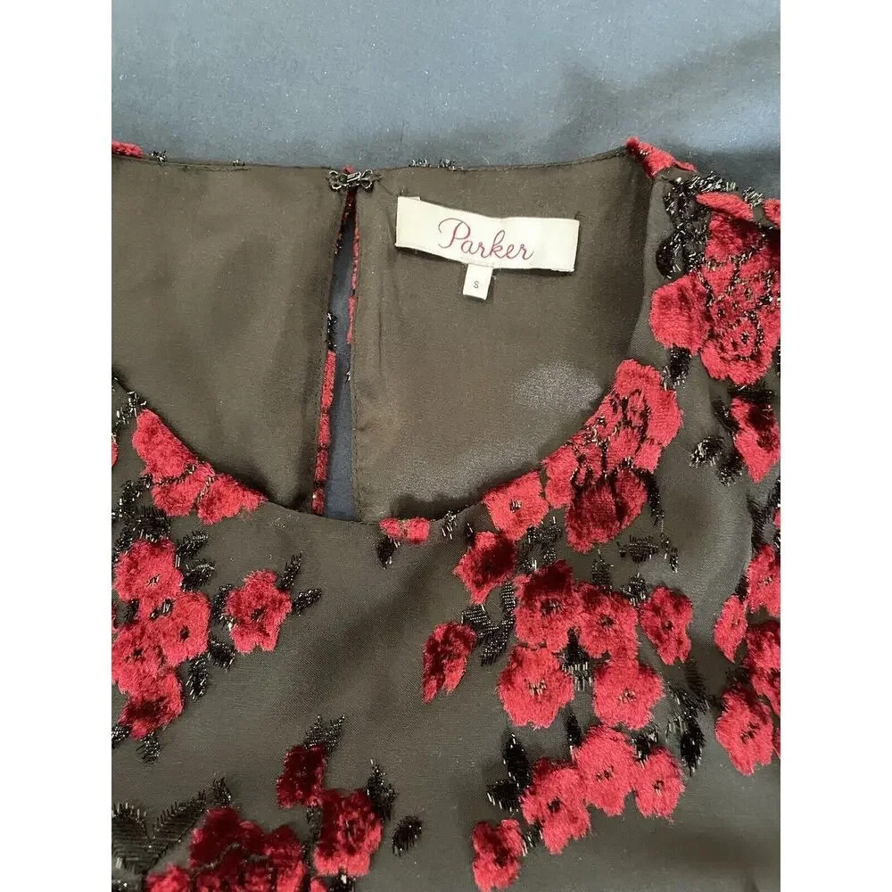 Parker Carmindy Floral Velvet Burnout Dress Black Red Women’s Size Small - Picture 4 of 8